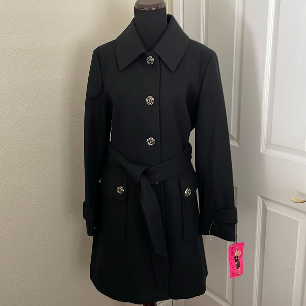 NEW BETSEY JOHNSON Belted Botton Black WOOL Coat - Picture 13 of 16